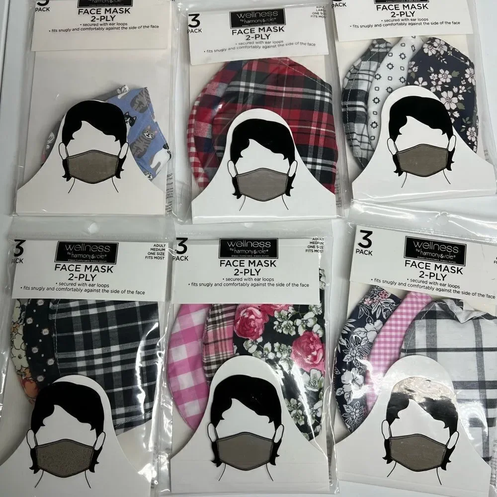 Bundle of 18 Face masks 2-ply 6 packs/ 1 pack toddler sz 1 pack adult L 4 packsM